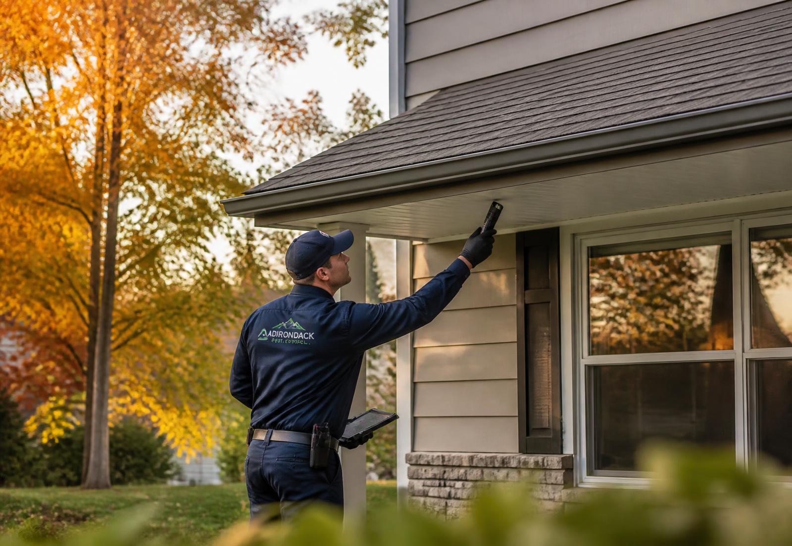 Pest control technician inspecting the eaves of a Syracuse area home